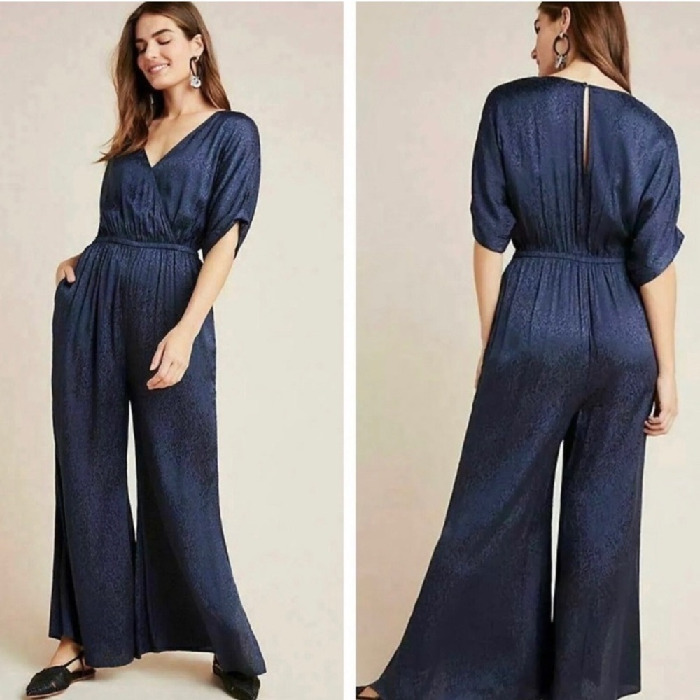 Anthropologie Maeve Jacqueline Jacquard Romper Jumpsuit Navy Blue Size Small